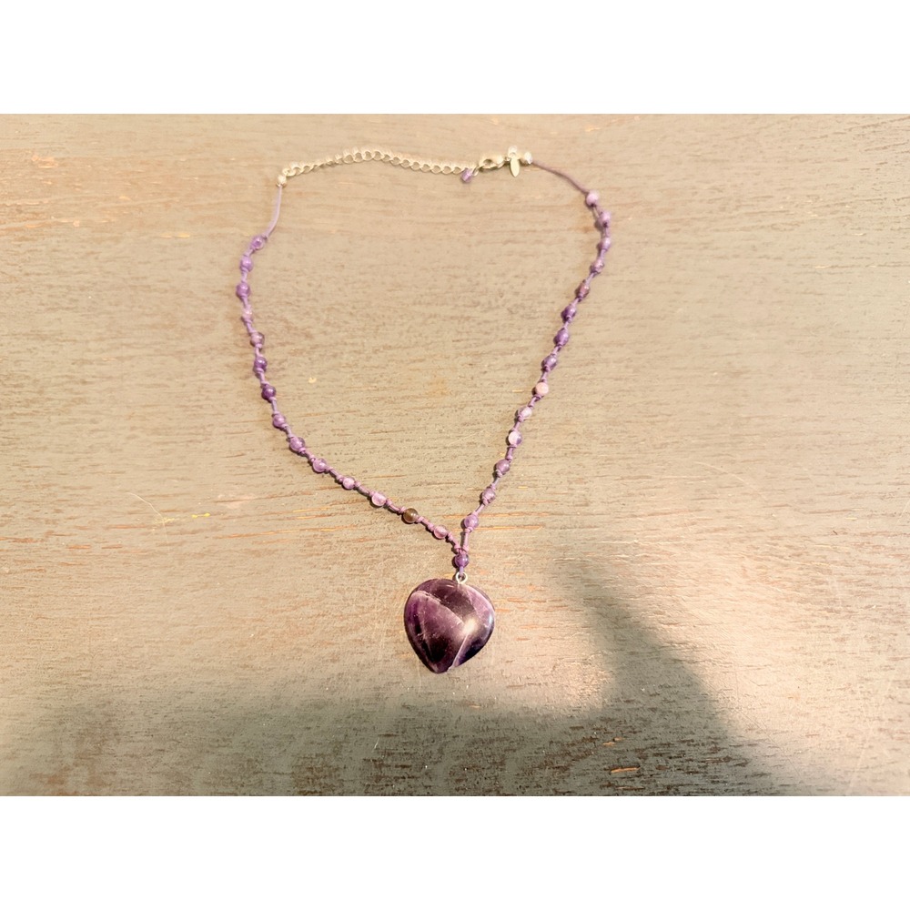 Vintage Amethyst Heart Pendant Necklace Purple Beaded Cord Adjustable Bohemian